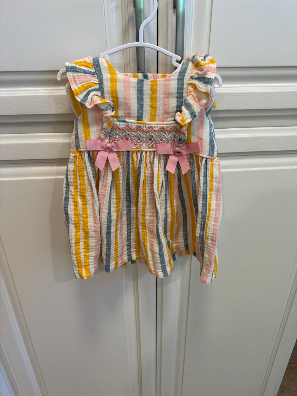 iris & ivy Striped Ruffle Smocked Dress in Pink, Yellow, Blue and White